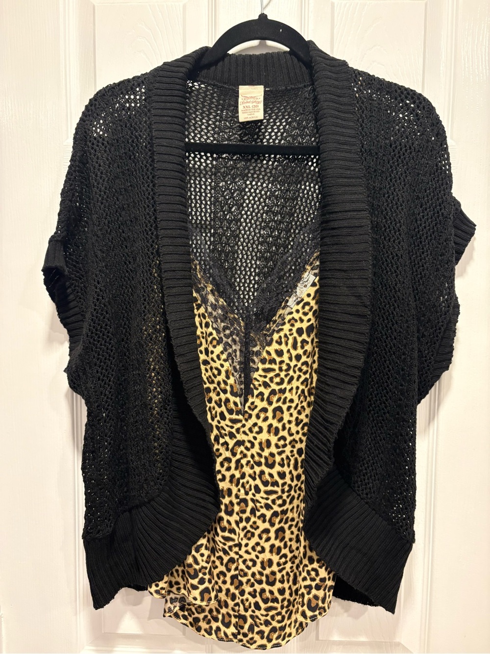 Faded Glory Black Open-Knit Cardigan with Leopard-Print Inset